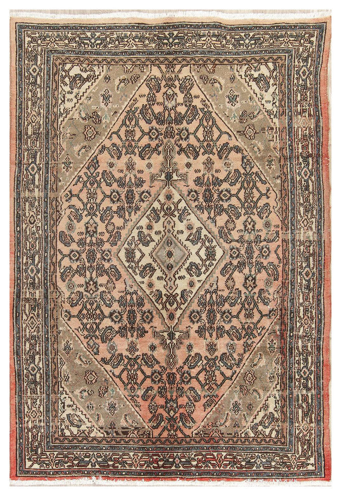 Consigned, Handmade Persian Antique Worn Oriental Faded Area Rug, Peach, 5'x8'