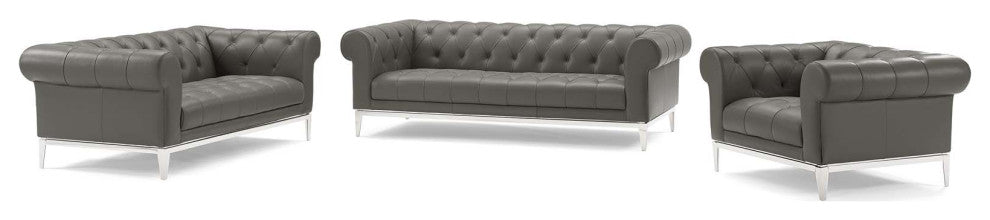 Tufted Armchair and Loveseat Sofa Set, Leather, Gray, Modern, Lounge