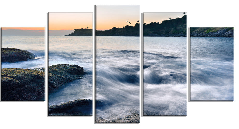 "Slow Motion Sea Waves Over Rocks" Modern Seascape Wall Art, 5 Panels, 60"x32"