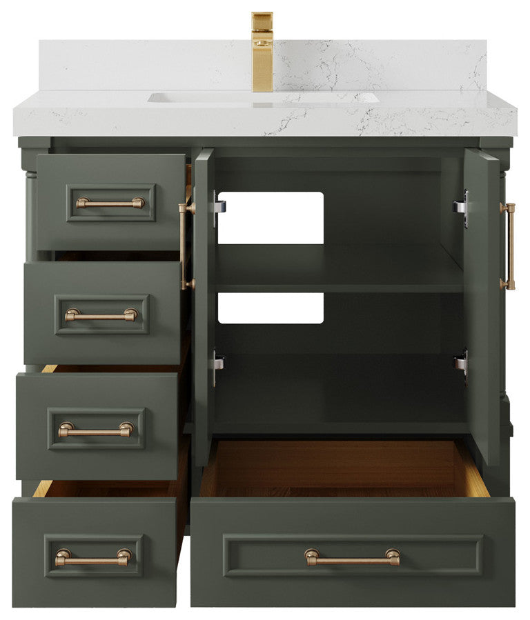 Aberdeen 36 Center Sink Bath Vanity in Pewter Green 2" Empira Quartz