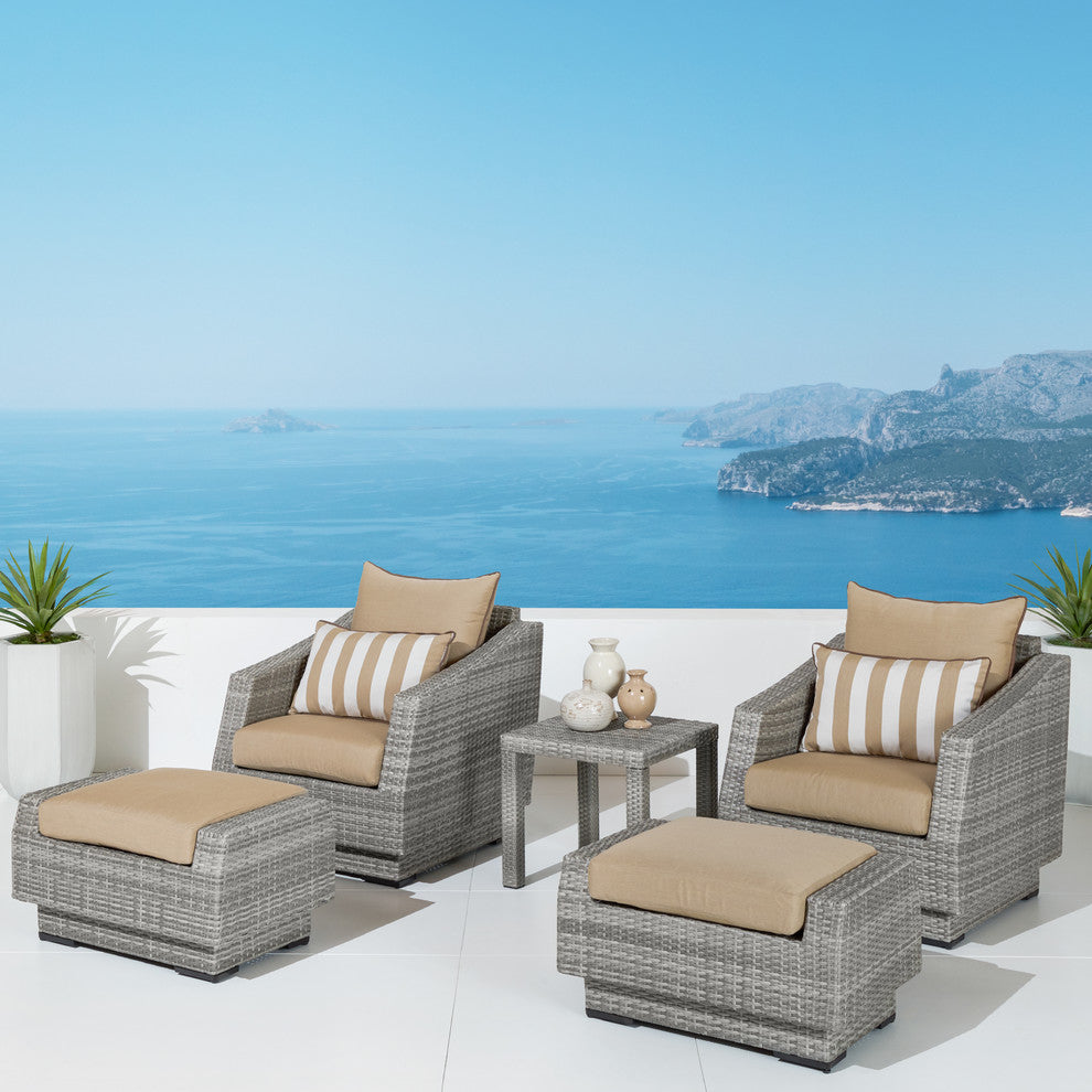 Cannes 5 Piece Sunbrella Outdoor Patio Club Chair and Ottoman Set, Beige