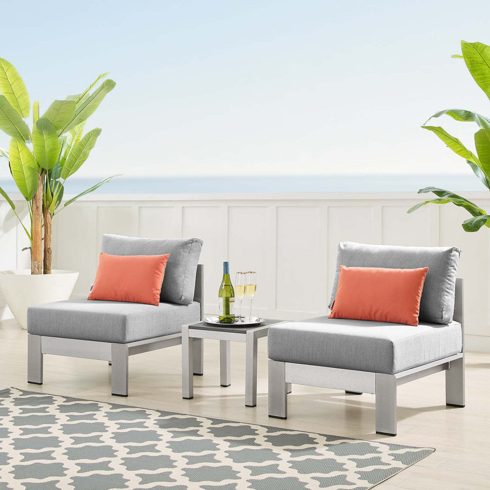 Lounge Chair Table Set, Sunbrella, Fabric, Aluminum, Silver Gray, Outdoor