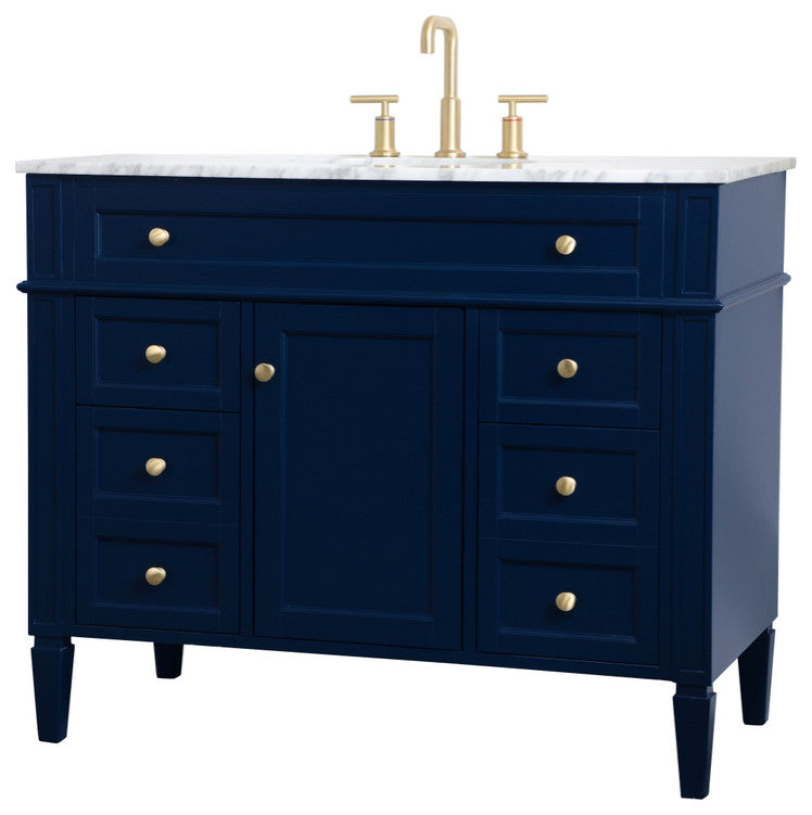 Home Living Vanity with Carrara White Marble Countertop, Blue, 42", Single Sink