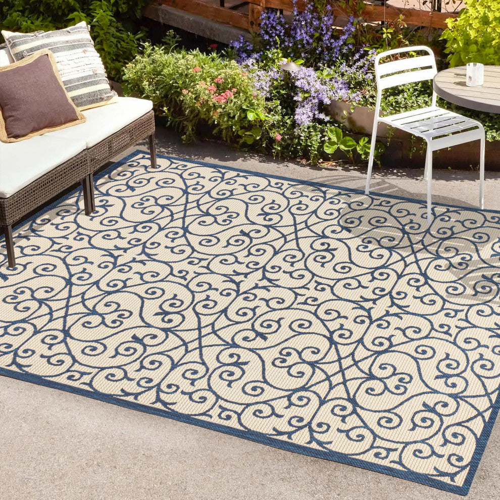 Madrid Vintage Filigree Textured Weave Indoor/Outdoor, Navy/Beige, 3 X 5