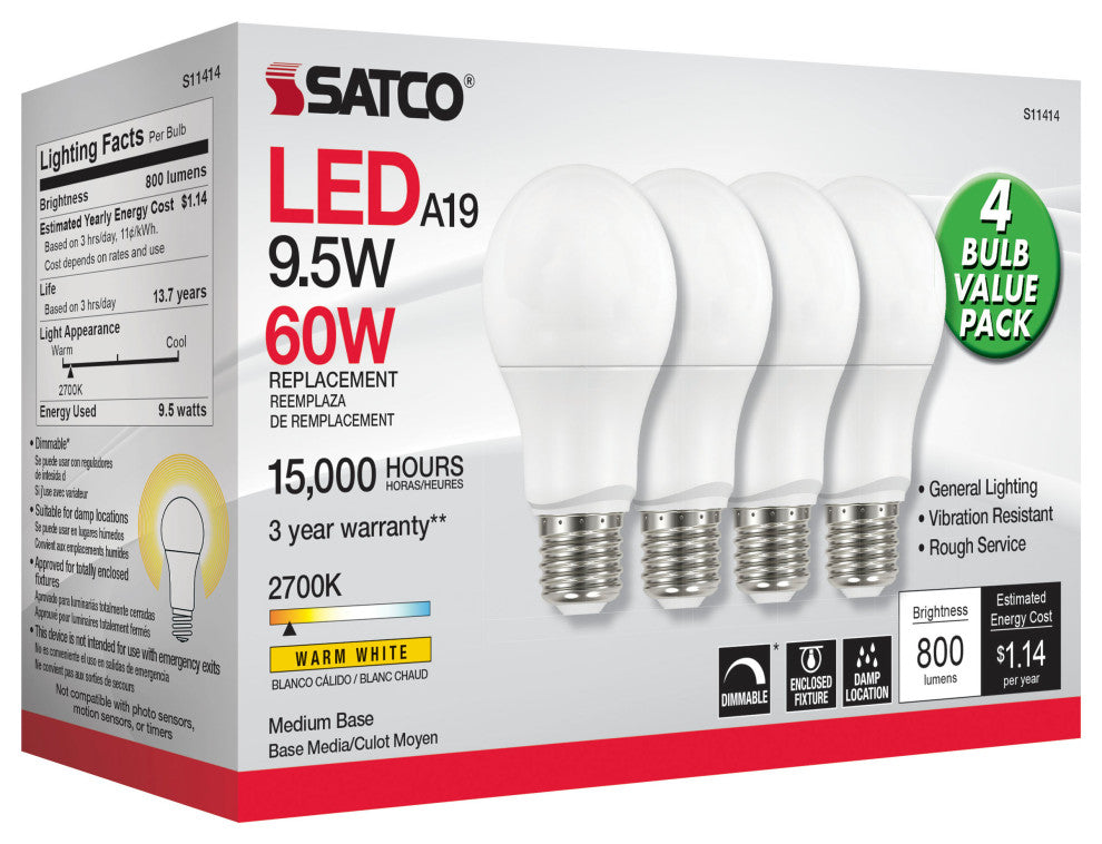9.5W A19 LED, 2700K, Dimmable, Medium Base, 230 deg. Beam Angle, 4-Pack