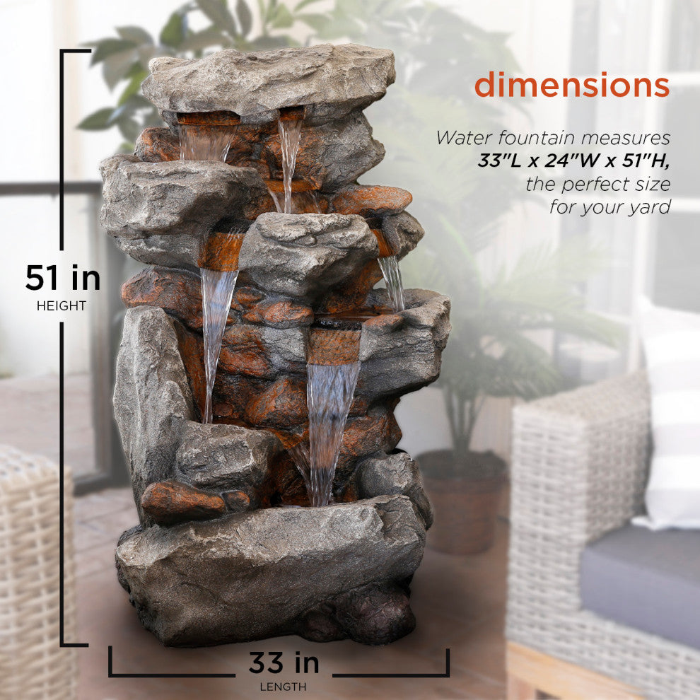 52" Tall Outdoor 5-Tier Rainforest Rock Water Fountain with LED Lights