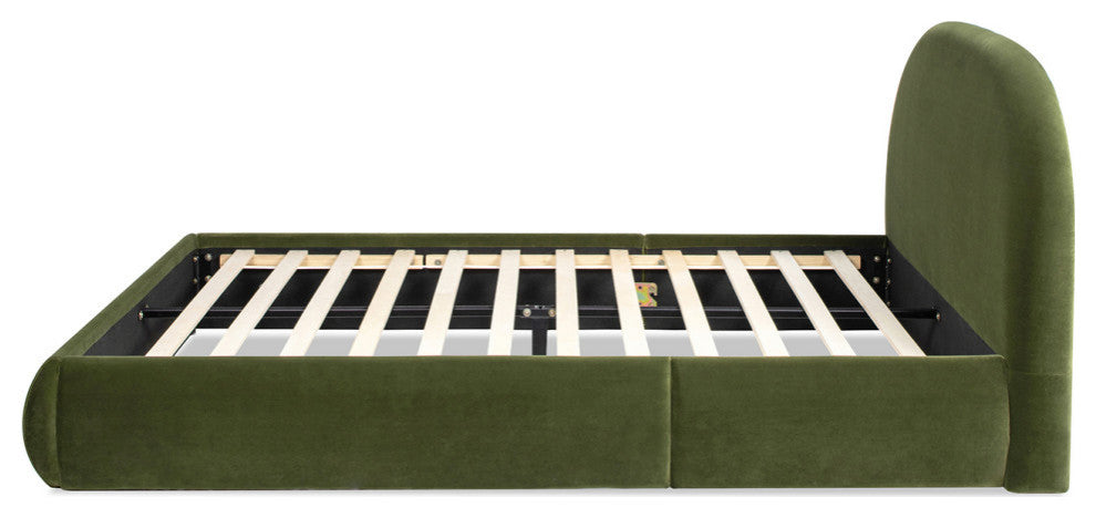 Archie Mid-Century Modern Arched Headboard Platform Bed, Olive Green Performance Velvet, Queen