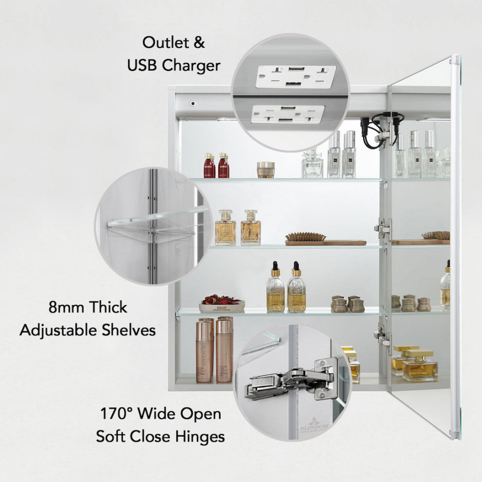 LED Mirror Medicine Cabinet With Defogger, Dimmer and Outlets, 24" Right