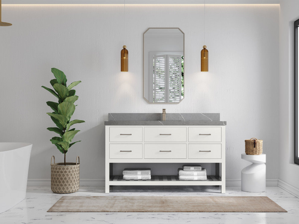 Parker 60 Single Sink Bathroom Vanity in White 2" Piatra Gray