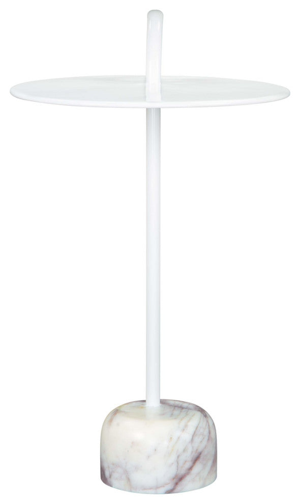 Sofa Side Table, Round, Artificial Marble, Iron Metal, White, Hospitality