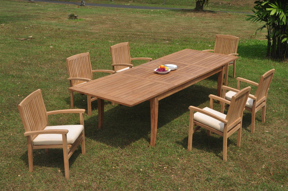 7-Piece Teak Dining Set: 122" X-Large Rectangle Table, 6 Wave Stacking Chairs