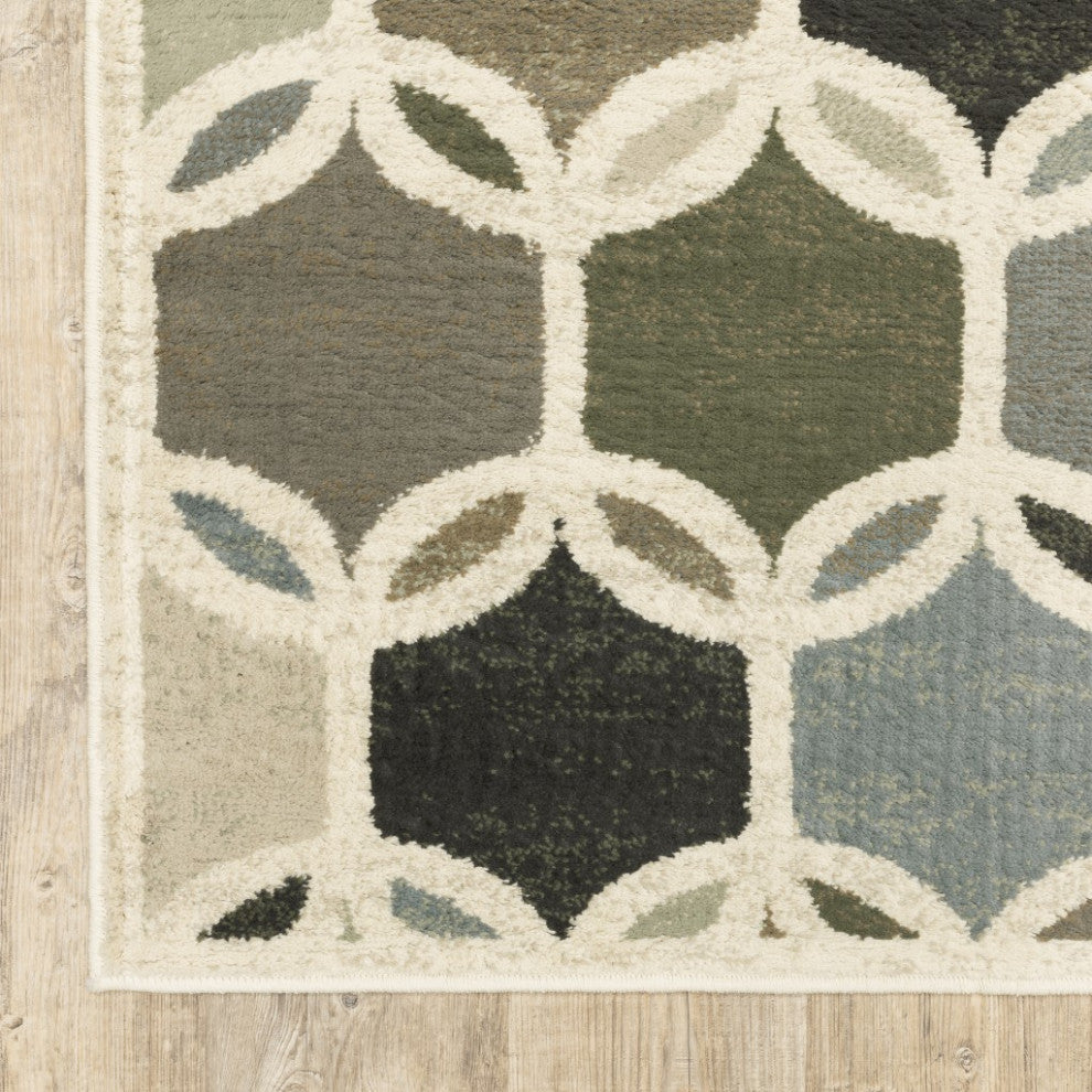 Ivory Gray Woven Geometric Circles Indoor Runner Rug