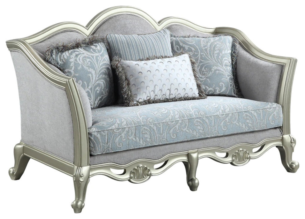 Benzara BM276230 66" Classic Sofa, Fabric Cushioned Seats, Gray, Champagne