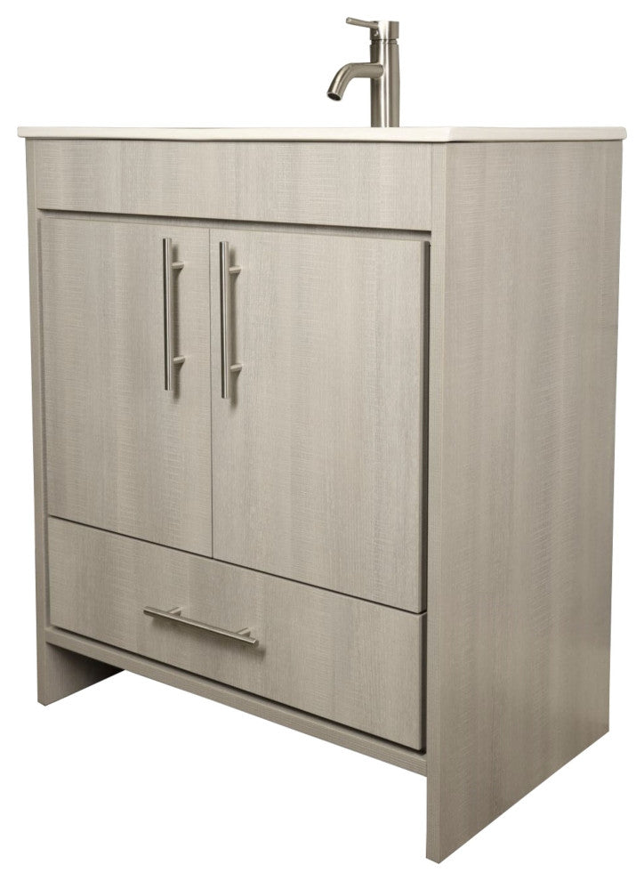 Pacific 30" Vanity With Integrated Ceramic Top and Brushed Nickel Handles, Weath