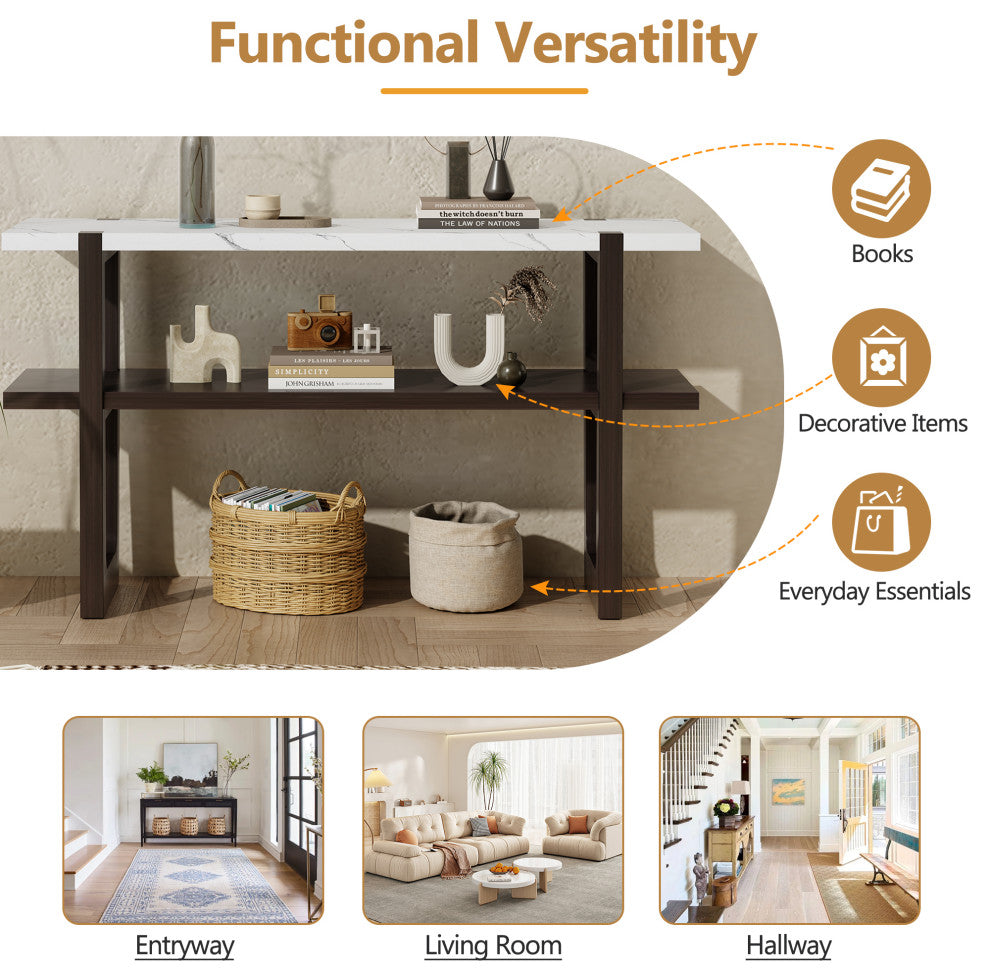 TATEUS Narrow Console Table with Marble-Effect Top for Entryway and Living Room, Espresso