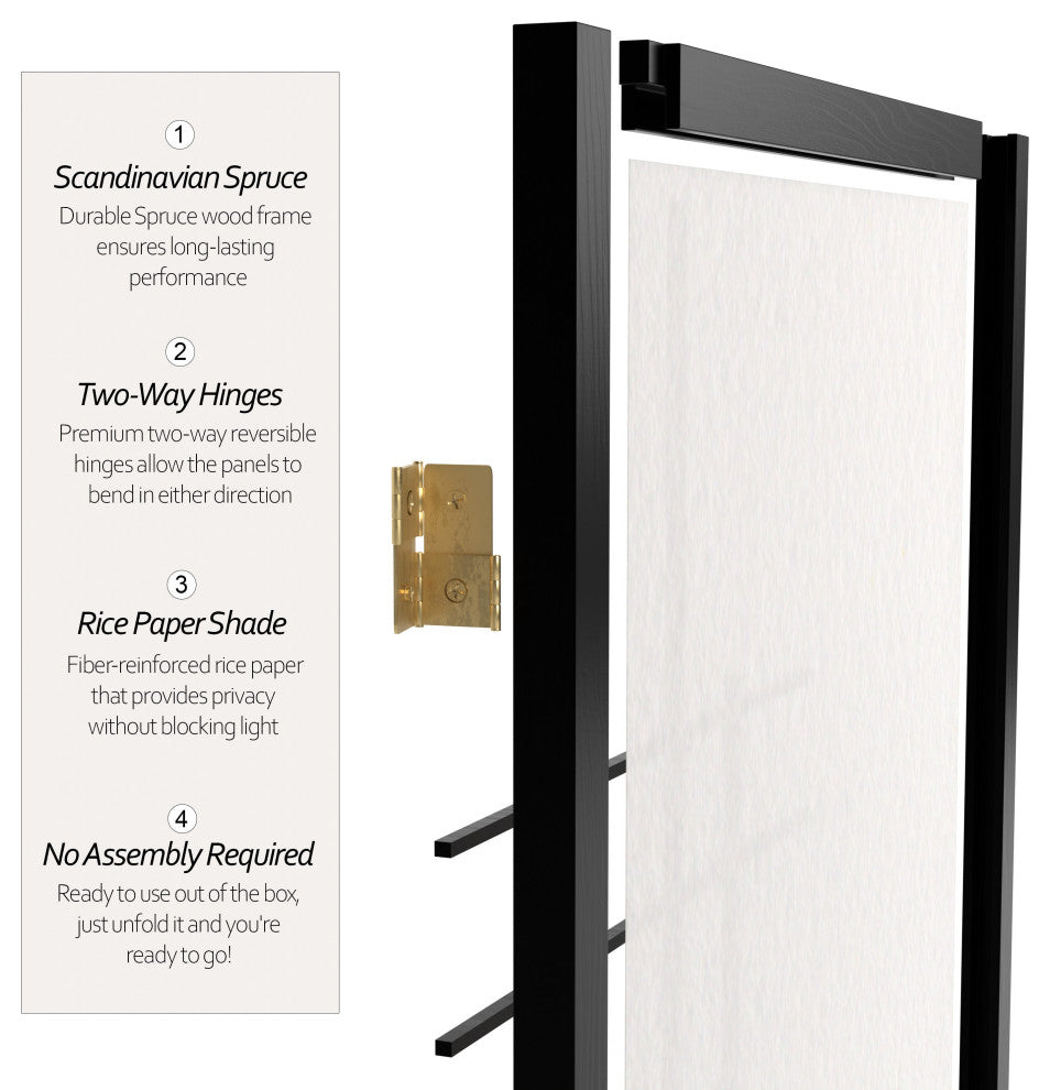 6' Tall Eudes Shoji Screen, Black, 4 Panels