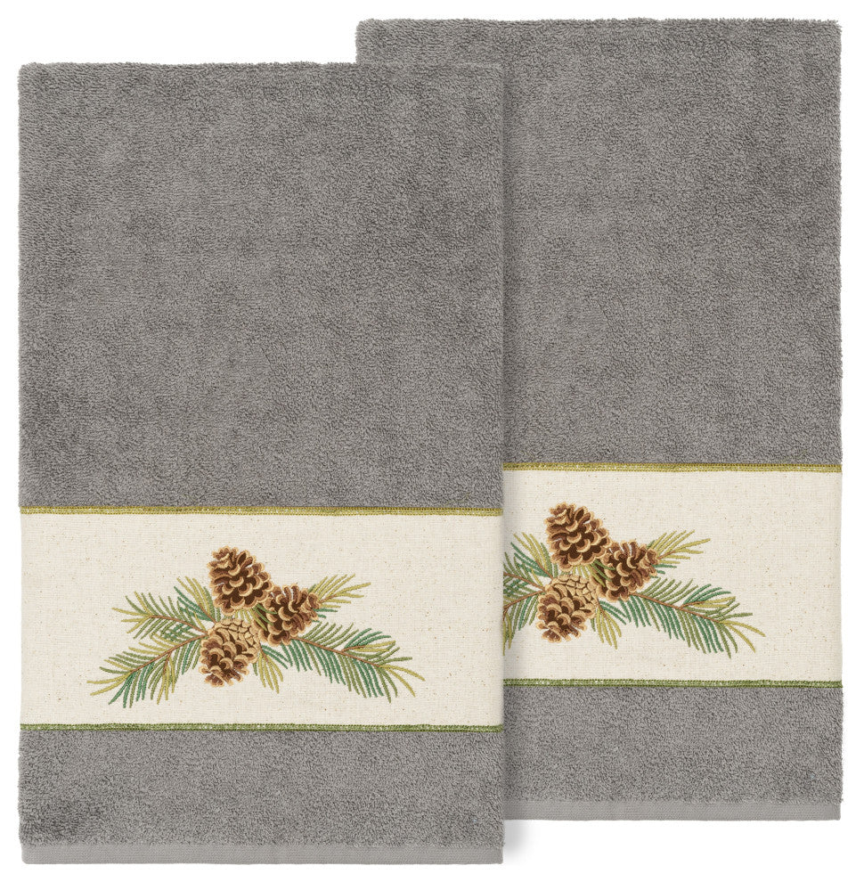 Linum Home Turkish Cotton Pierre 2-Piece Embellished Bath Towel Set, Dark Gray