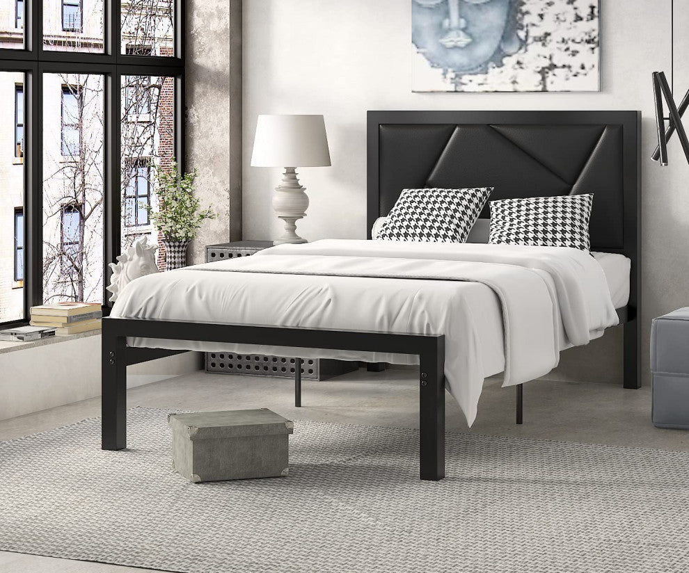 Modern Twin Size Metal Bed Frame with Geometric Litchi Grain Leather Headboard