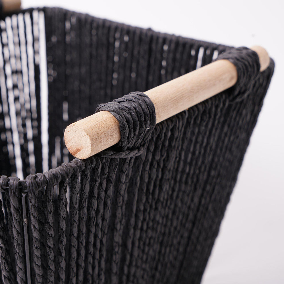 Boho Black Paper and Natural Rope Woven Storage Basket with Handles Set of 3