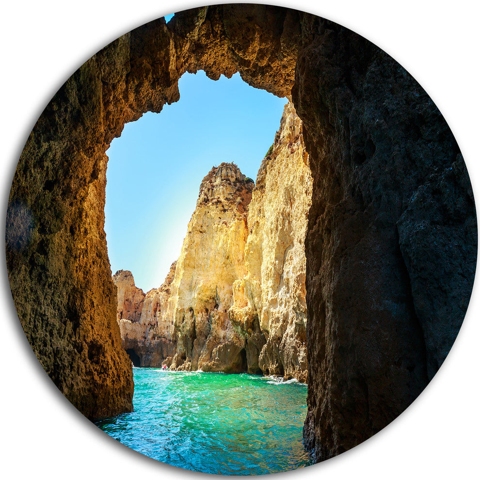 Sea Through Rocky Cave Portugal, Seashore Large Disc Metal Artwork, 36"