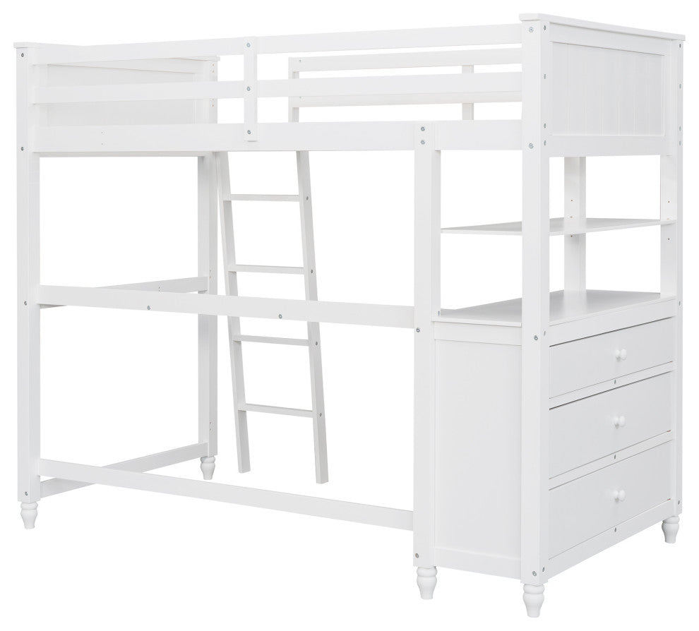 Gewnee Twin size Loft Bed with Drawers and Desk, Wooden Loft Bed in White