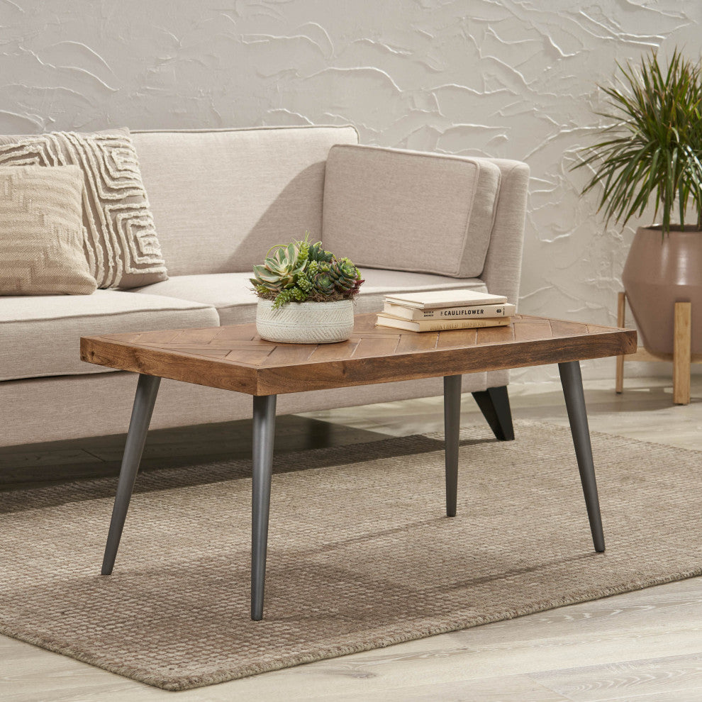 Tilton Boho Handcrafted Mango Wood Parquet Coffee Table, Natural Honey and Gray