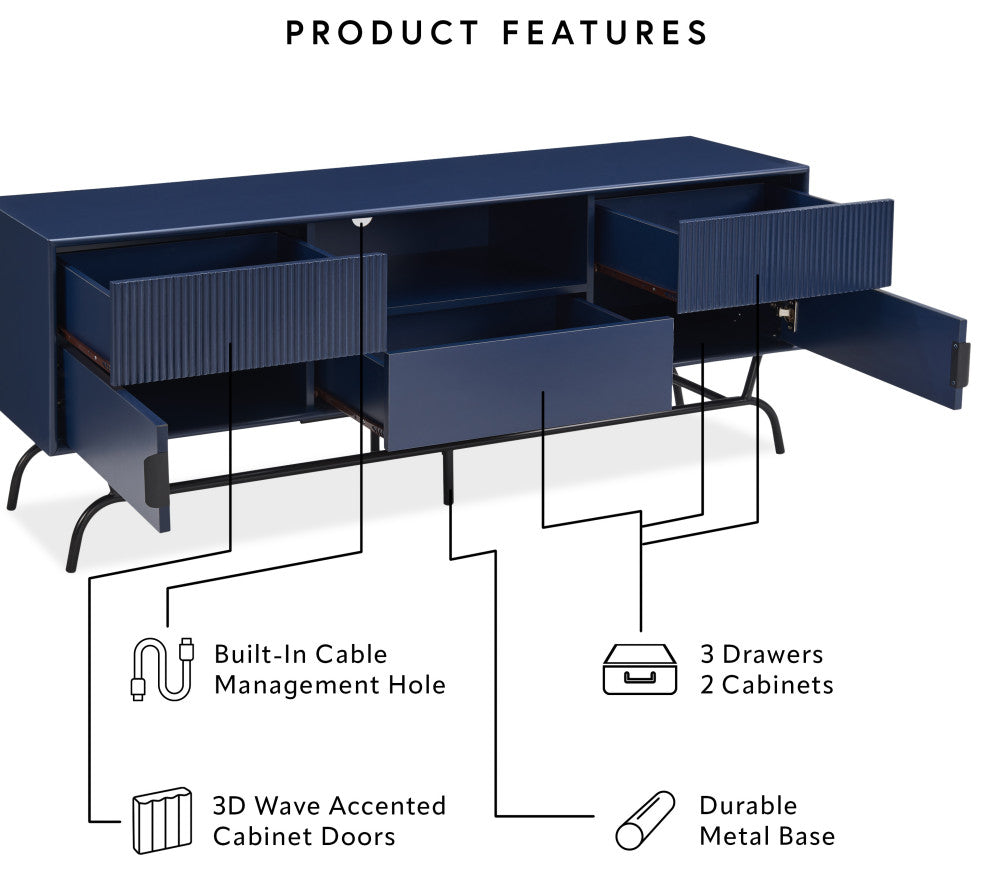 Danel TV Stand Fits TV's Up to 65", 3-Drawers, Textured Panels, Blue