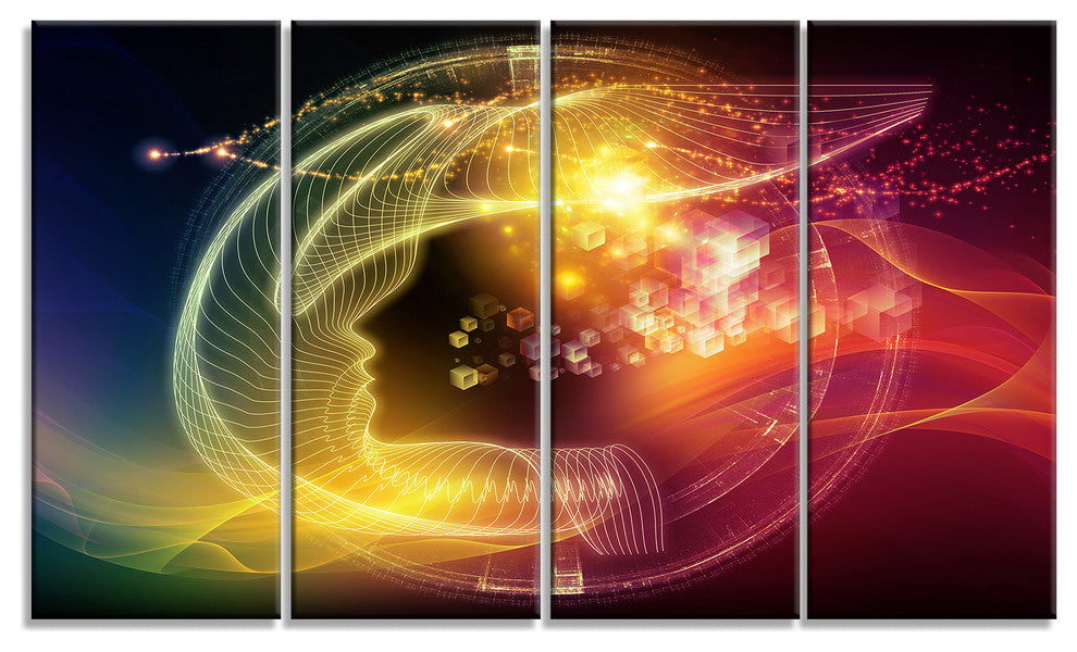 Illuminating Human Head Fractal, Abstract Canvas Art Print, 48"x28", 4 Panels