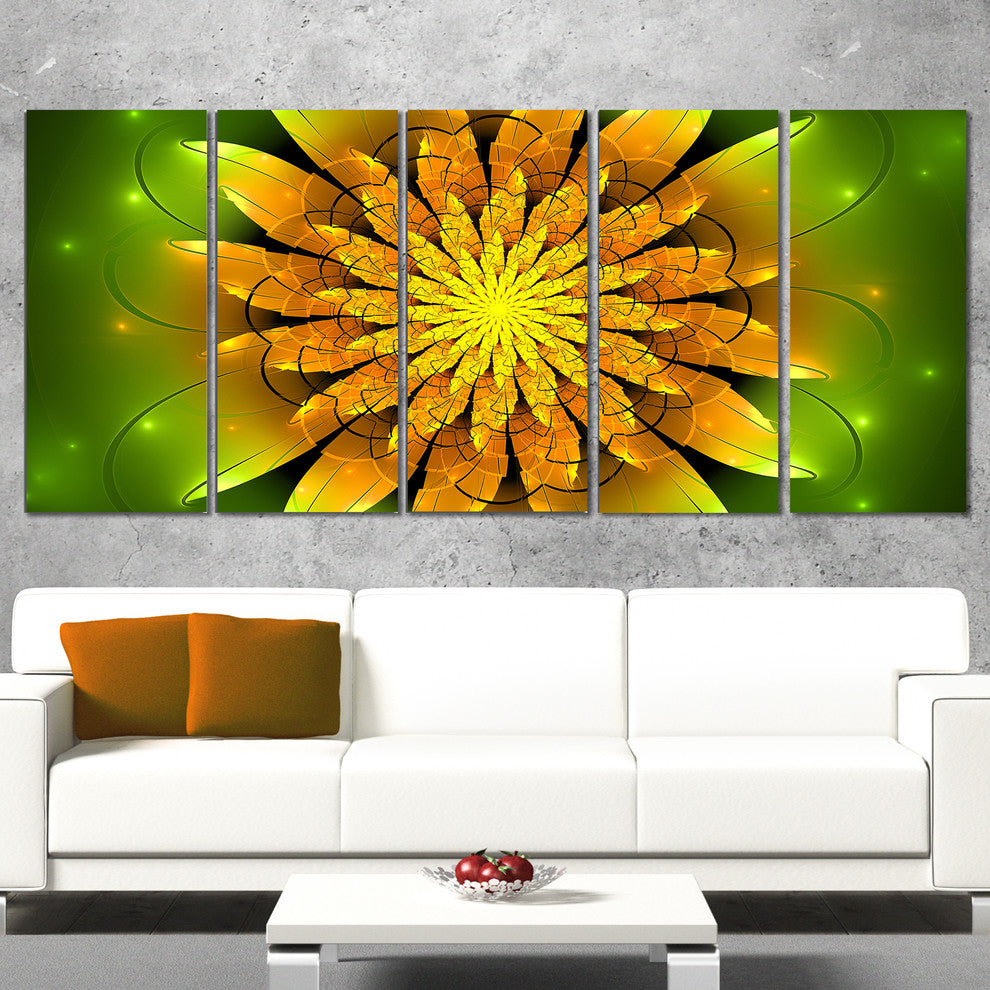 Bright Yellow Fractal Flower on Green, Floral Canvas Print, 60"x28", 5 Panels