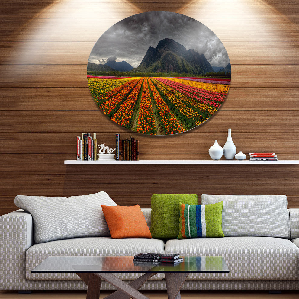 Beautiful Colored Tulips Panorama, Landscape Round Metal Wall Art, 11"