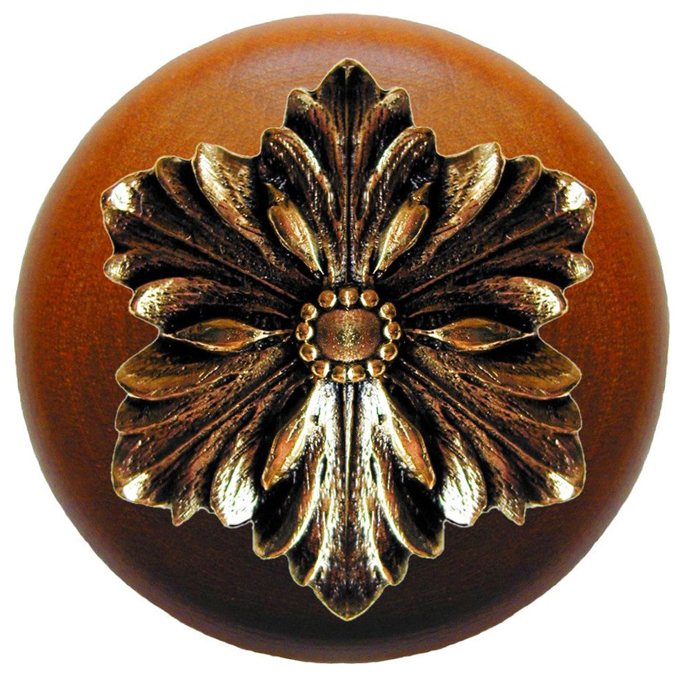 Opulent Flower Wood Knob, Antique Brass, Cherry Wood Finish, Brite Brass