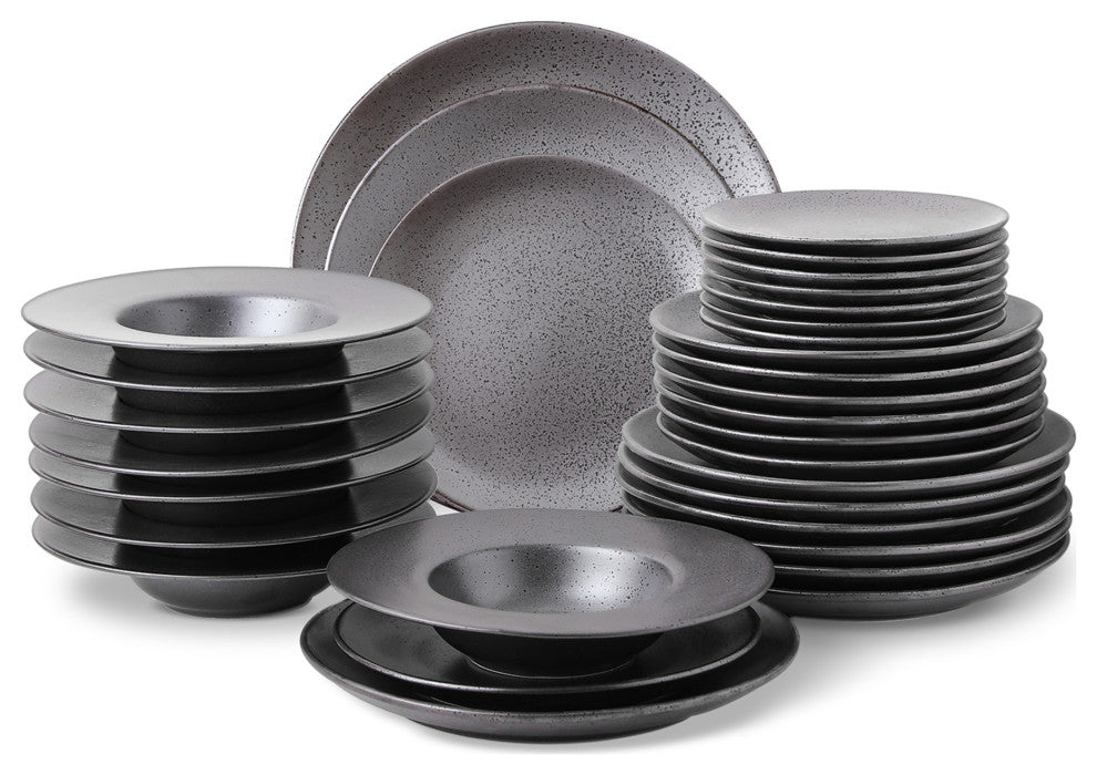 Stone Lain Valencia Porcelain 32 Piece Dinnerware Set, Metallic Grey
