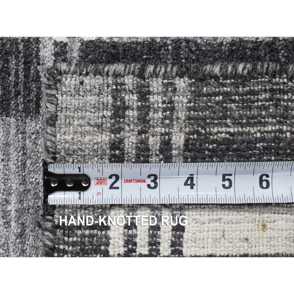 Charcoal Gray Modern Plaid Design Hand Loomed 100% Wool Oriental Rug 1'10"x2'10"