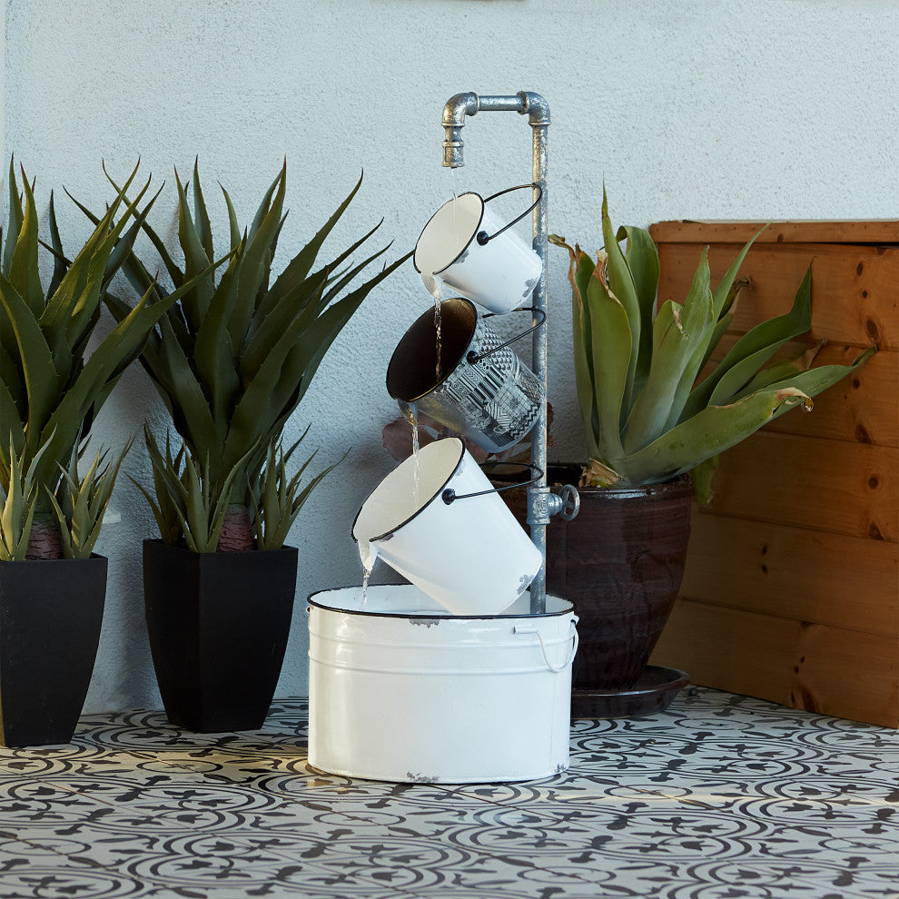 Rustic Cream White Metal Pails Fountain