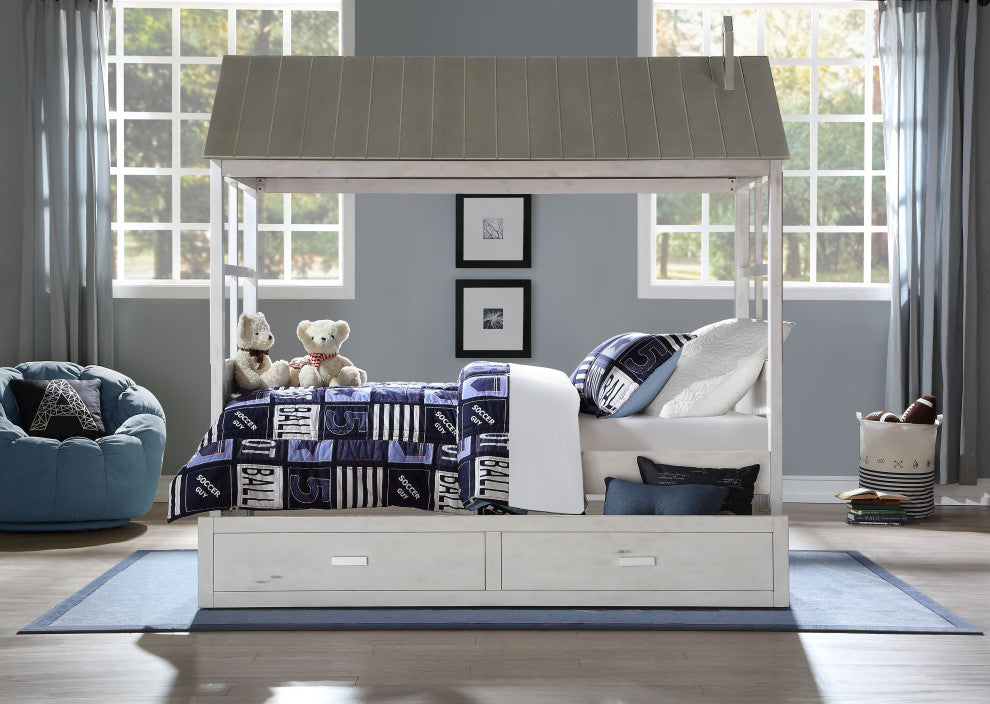 ACME Tree House II Twin Bed, Weathered White and Washed Gray