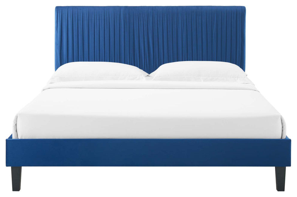 Platform Bed Frame, King Size, Velvet, Blue Navy, Modern Contemporary, Bedroom