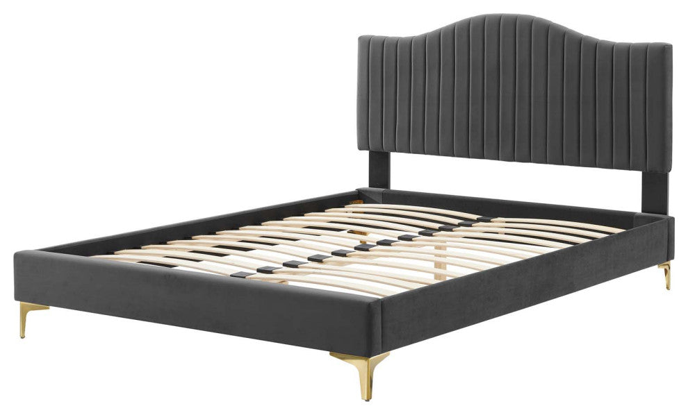 Tufted Platform Bed Frame, Full Size, Velvet, Gray, Modern Contemporary