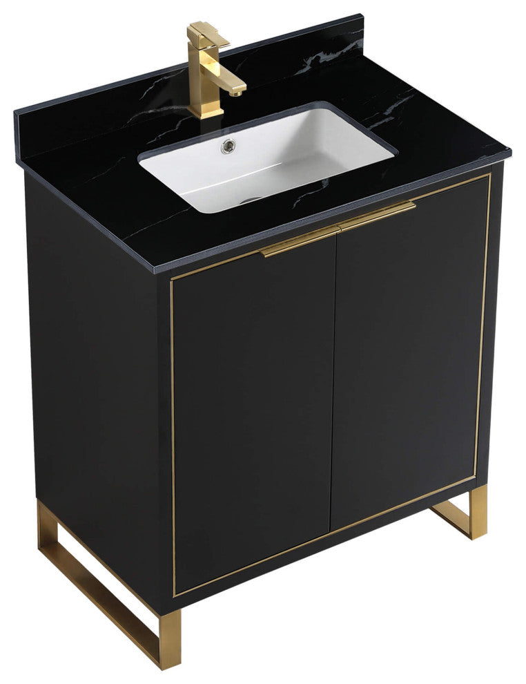 Opulence Bath Vanity, Black Matte, 30", Satin Brass Hardware, Black Marble Top