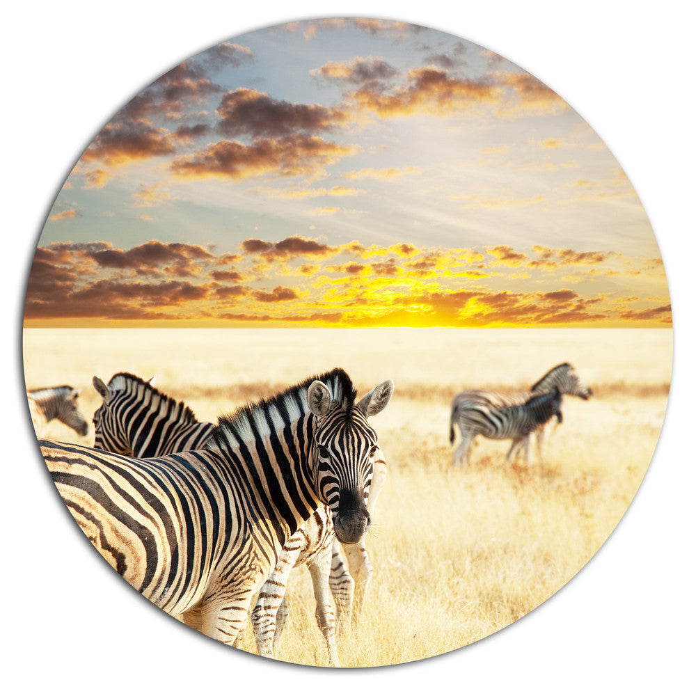 Zebras Walking In Bush Under Clouds, African Disc Metal Wall Art, 23"