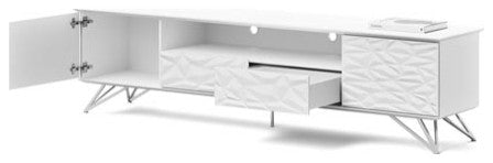 86.5" Modern Vortice TV Stand White Lacquer Body Chrome Legs Geometric Paneling