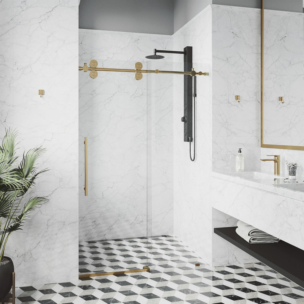 VIGO Elan 56" to 60" W x 74" H Frameless Sliding Shower Door, Matte Gold, Clear Glass