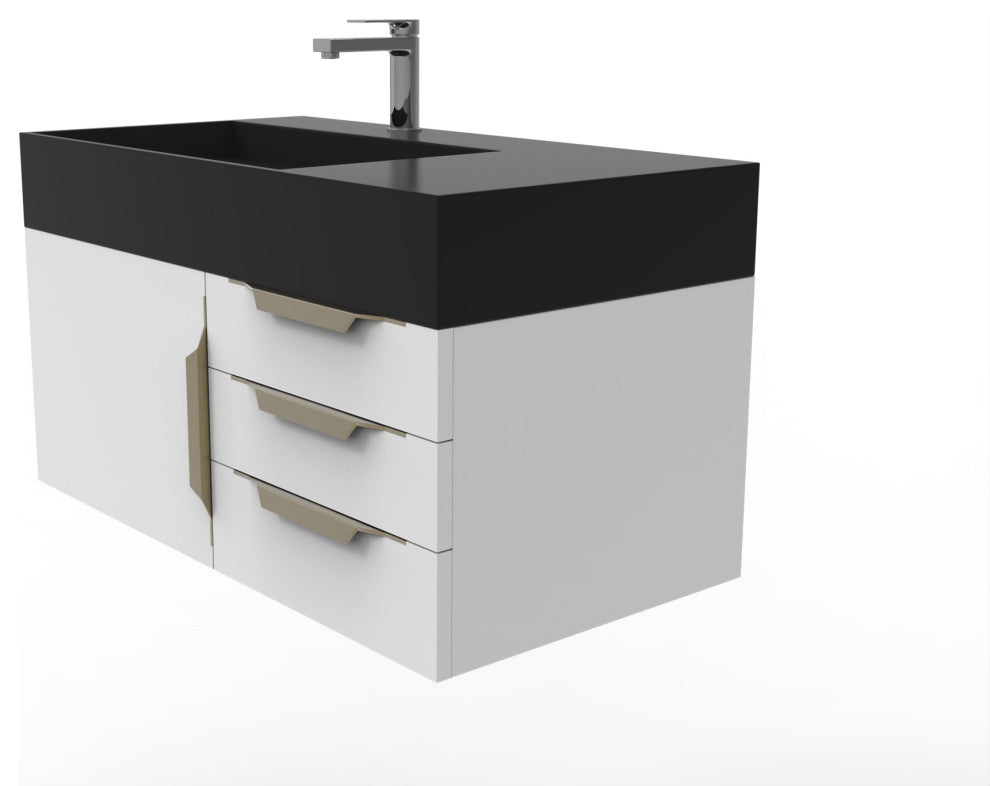 CastelloUSA Amazon 36" Wall Mount Vanity Set, White, Black Top, Gold Handles