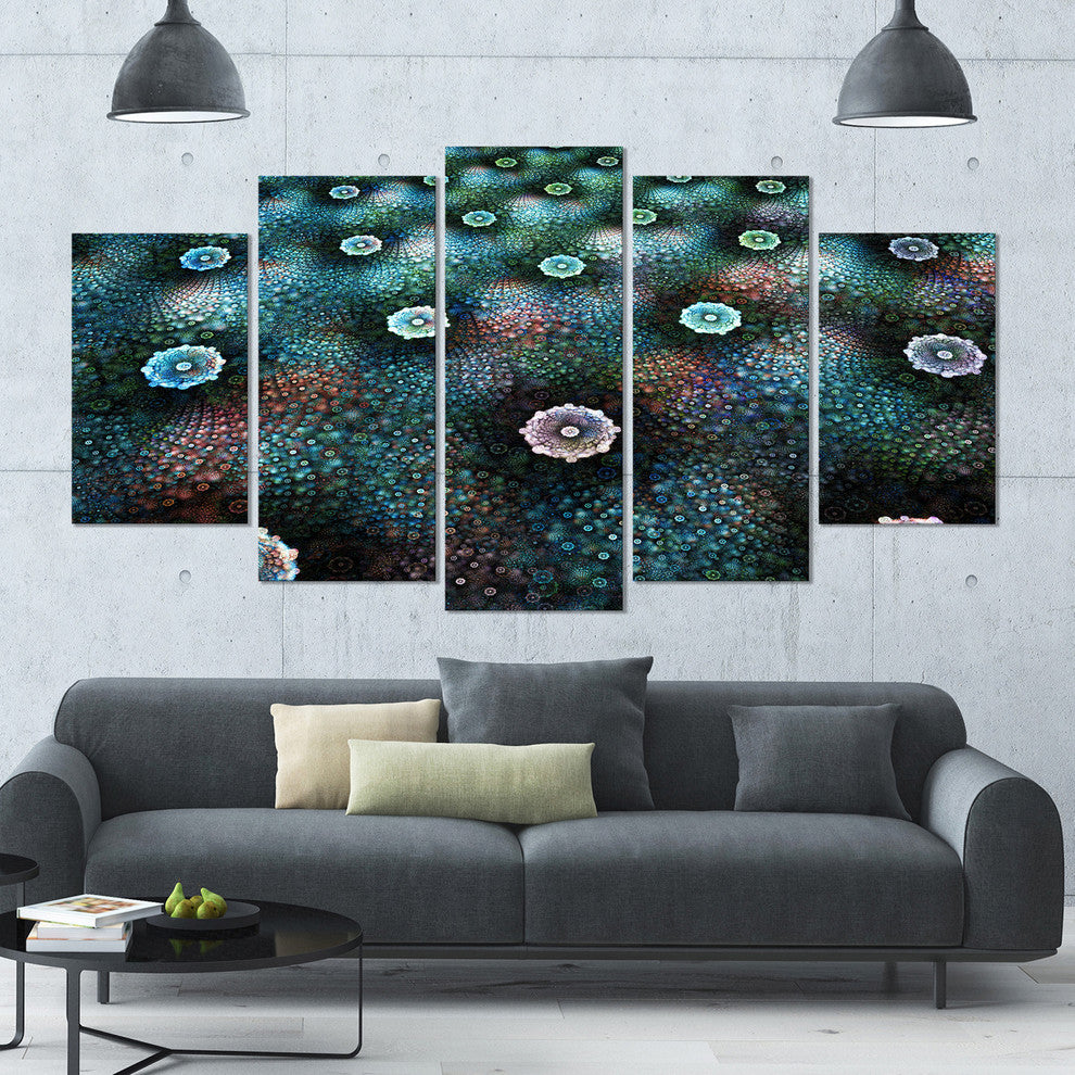 Blue Flowers on Alien Planet, Large Floral Canvas Art Print, 60"x32", 5 Panels