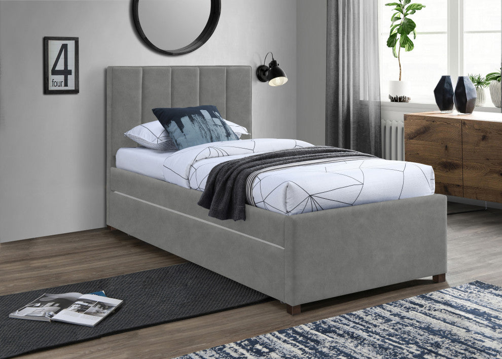 Hudson Beige Faux Leather Twin Trundle Bed, Gray