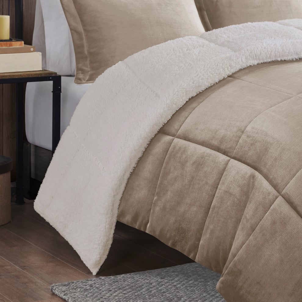 Woolrich Alton Plush to Sherpa Winter Comforter Set, Taupe, King