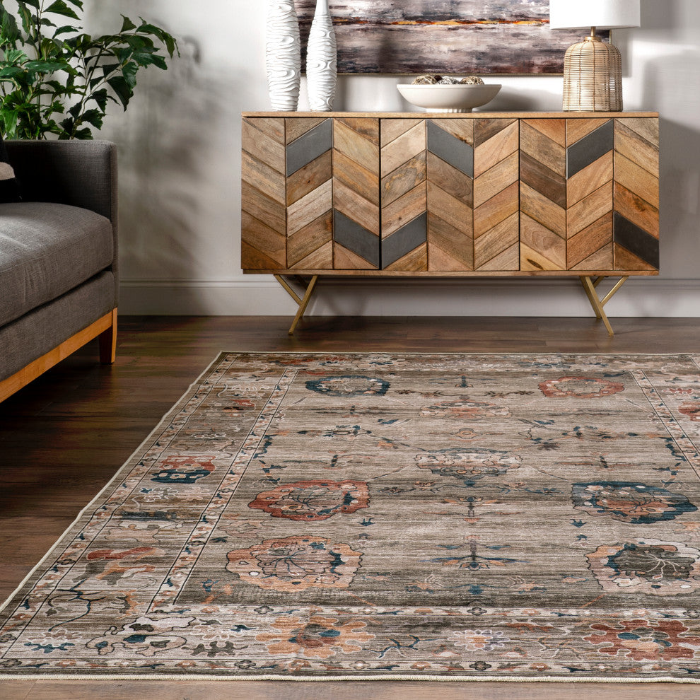 Nuloom Cleora Vintage Floral Machine Washable Area Rug, Taupe 4'x6'