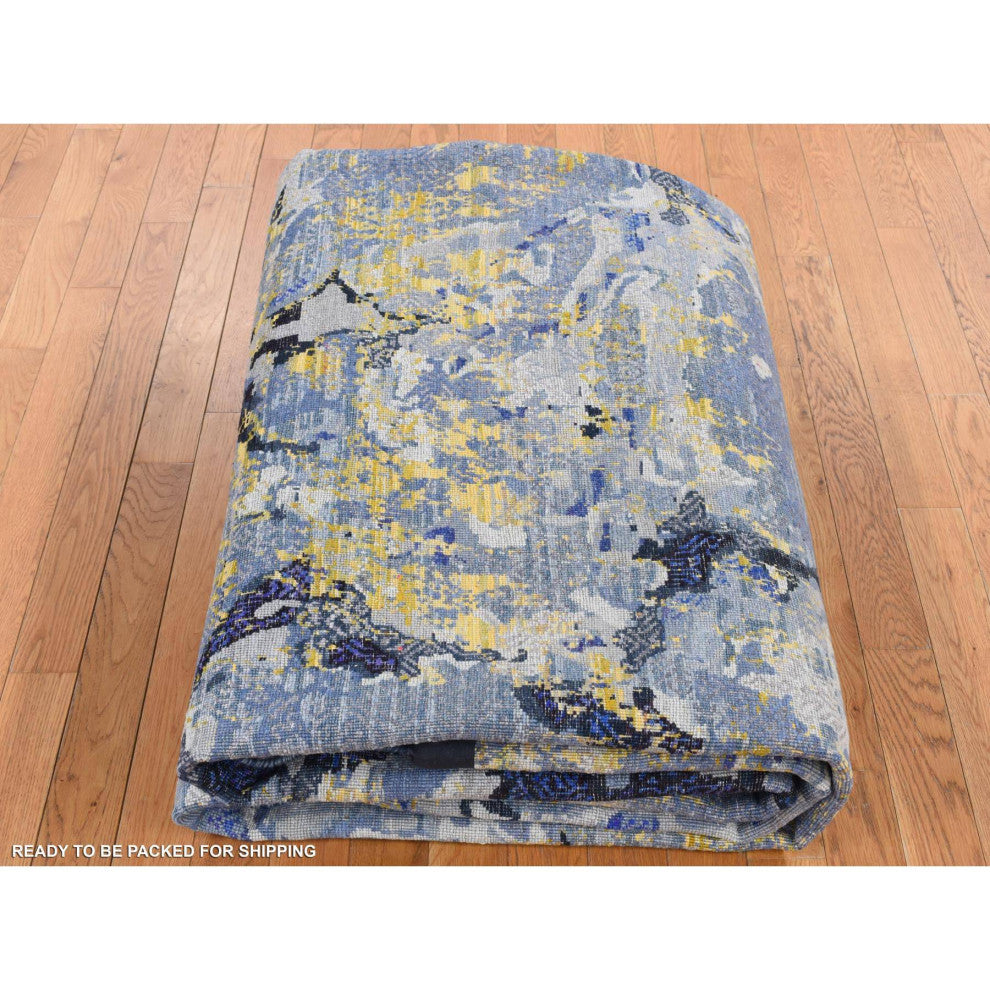 Laguna Yellow, Modern Design, Silk With Wool, Hand Knotted Rug, 8'10"x12'5"