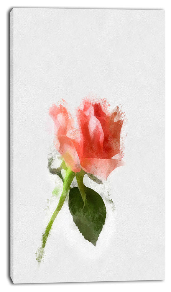 Pink Rose Watercolor with Stem, Large Floral Canvas Artwork, 16"x32"