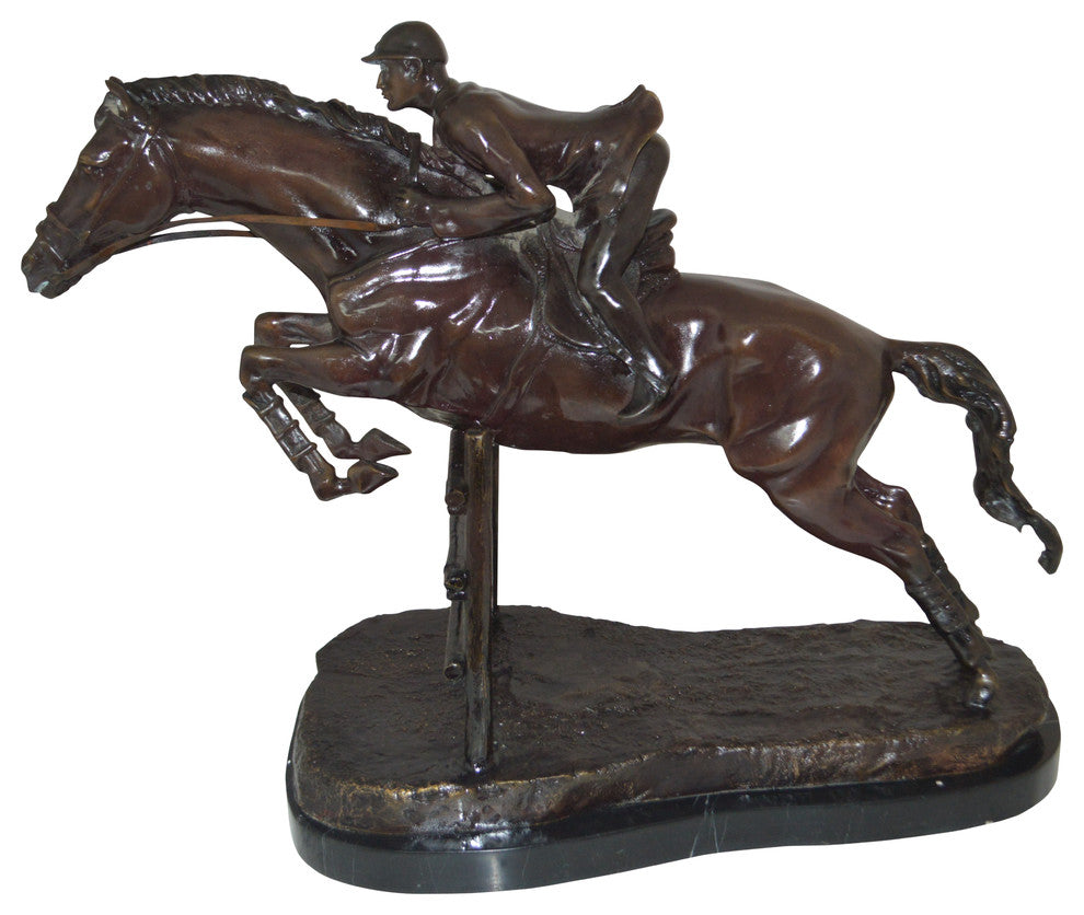 Jockey With Horse Jumping Over Hurdle Bronze Statue Medium  23"L x 10"W x 16"H