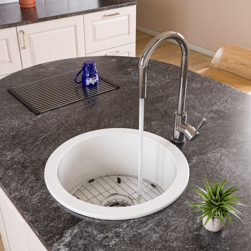 Undermount/Drop Fireclay Prep Sink, White, 18"x18", Round